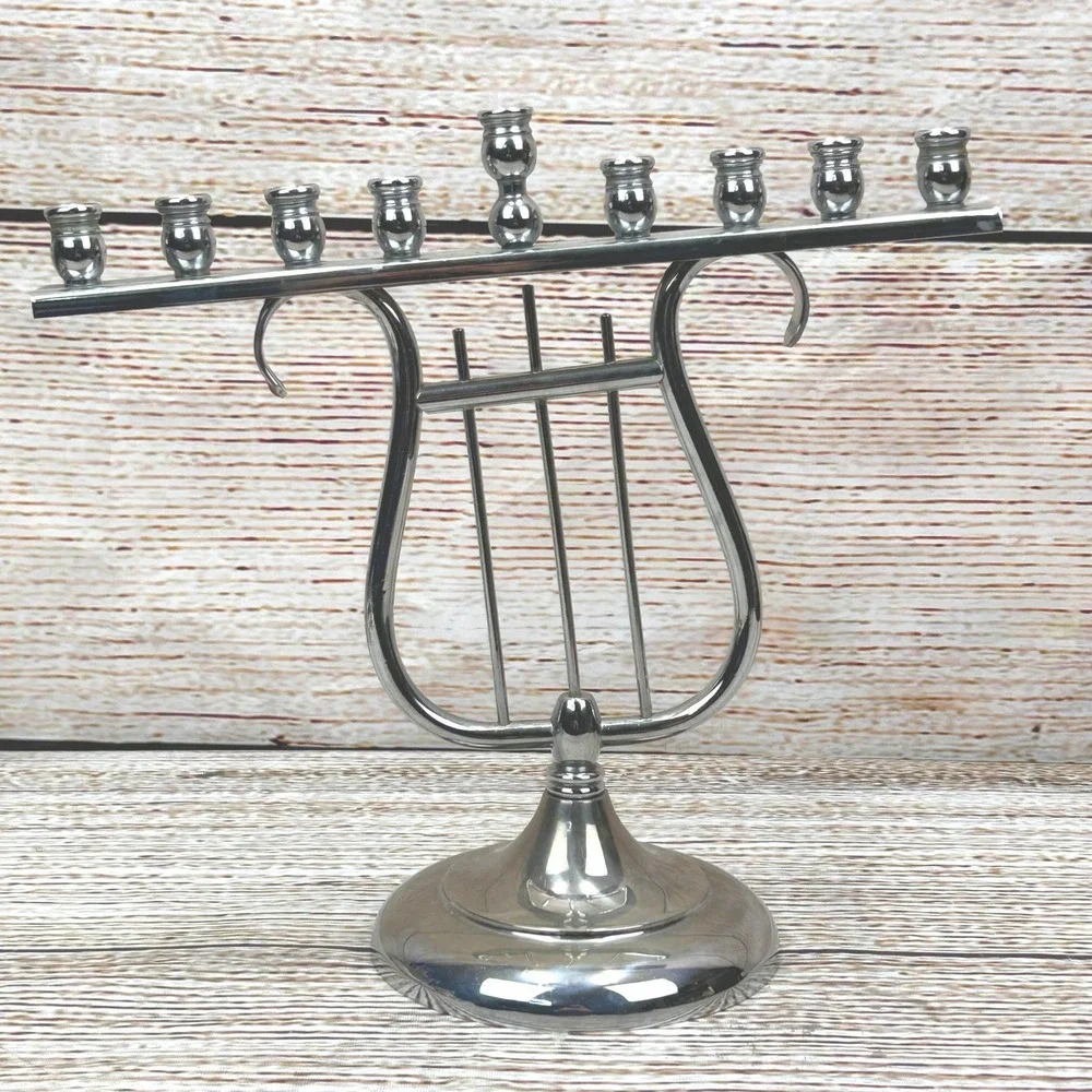 Vintage R.C. Silver Tone Lyre Harp Hanukkah Tilted Menorah Chanukiah